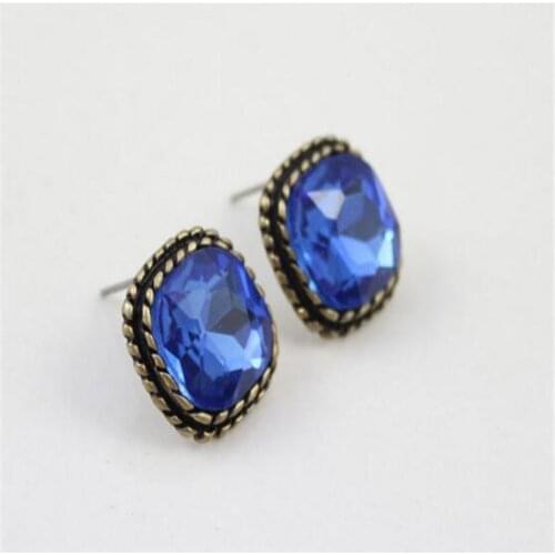 Vintage blue pink color crystal square earrings women alloy nickel free antique bronze fj741