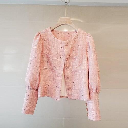 Plaid Tweed Jackets Women O-Neck Long Sleeve Casual Vintage Luxury Coats Single Breasted Woolen Outwear Plus Size 2021 C126