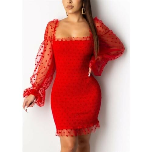 Fashion Women Lady Mesh Sheer Bodycon Mini Dress Puff Sleeve Evening Party Club Sheer Sleeve Dot Dress