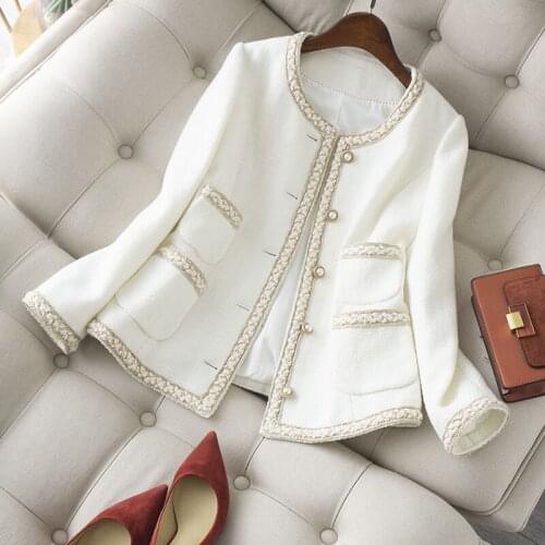 Ladies' Temperament White Bordered Wool Coat Early Spring New Lady Suit Top Girl