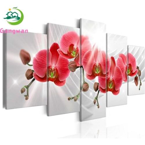 5D DIY Diamond embroidery Cross stitch Pink orchid Full Square/Round Diamond mosaic Diamond painting flower 5 pcs decoration art