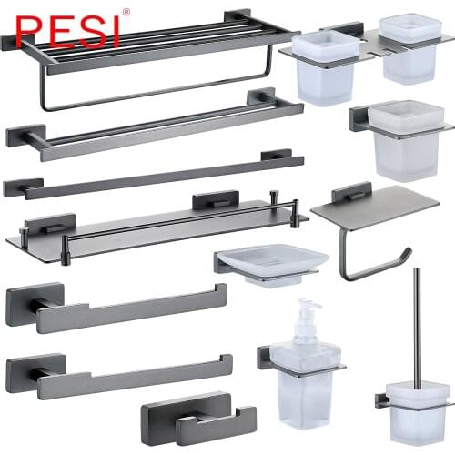 Bathroom Accessories Luxury All Brass Towel Ring Rack Bar Toilet Paper Tissue Holder Shelf Hardware Set Robe Hook, Gun Gray