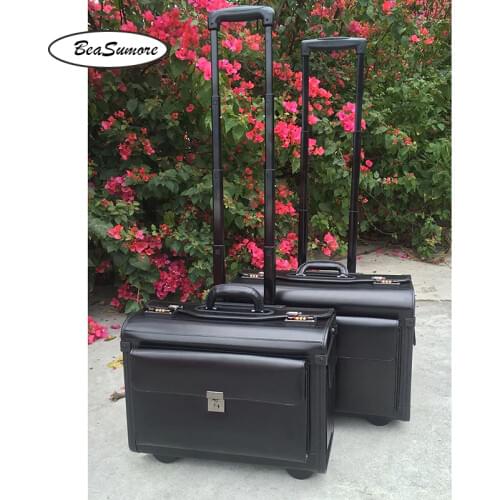 BeaSumore High-grade Genuine Leather captain Rolling Luggage Multifunction 18/19 Inch Laptop bag Men Women pilot Suitcase Wheels