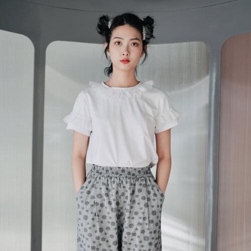 Imakokoni white cotton pull frame lace short-sleeved wild slim slimming top T-shirt female summer