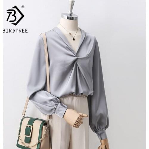 Autumn Women Green Shirts Vintage Lantern Sleeve Satin Blouse Turn-Down Collar Elegant Office Wear Lady Fall Spring Basic Tops T