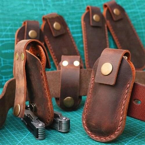 10 Types First Layer Crazy Horse Cowhide Leather Folding Knife Tool Pliers Case Sheath Key Waist Bag Quick Buckle Belt Waistband