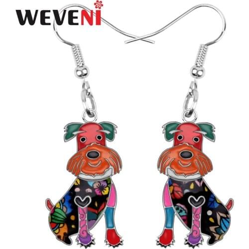 WEVENI Enamel Alloy Happy Sitting Schnauzer Dog Earrings Drop Dangle Big Long Trendy Animal Jewelry For Women Girls Gift Brincos