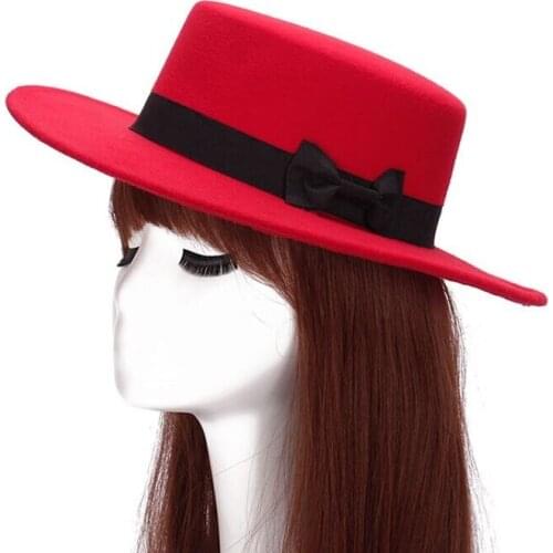 Brand New Wool Skipper Flat Top Hat For Women Felt Wide Brim Fedora Hat Laday Prok Pie Chapeu De Feltro Bowler Gambler hat