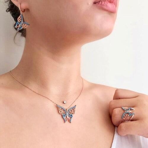 Gothic Blue Butterfly 925 Sterling Silver Necklace Women Girls Gift Jewelry Accessories Fashion Handmade Elegant Chain