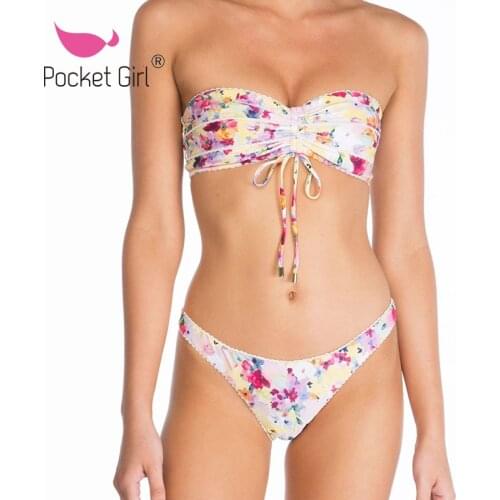 Pocket Girl 2021 Women Floral Print Bikini Swimming Set Tube Top Swimming Two Piece Swimsuits Sexy Swimwear Beach Suit Biquini