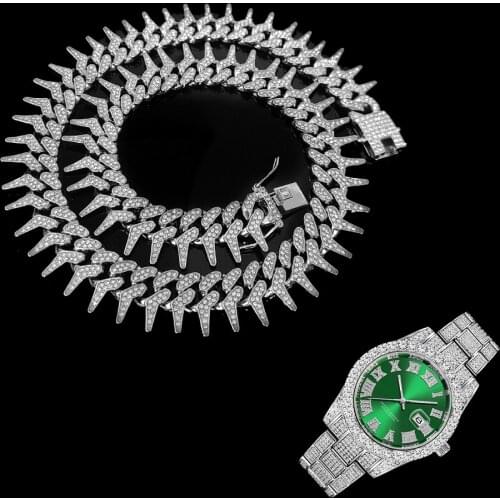 2pcs Kit 25MM Hip Hop Iced Out Heavy Cuban Link Full AAA Crystal Pave Watch+Thorns Necklace+Bracelet for Men Women Jewelry