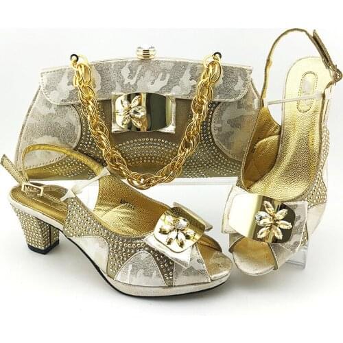 Nice looking gold women pumps with crystal decoration african dress shoes match handbag set MM1111,heel 7CM