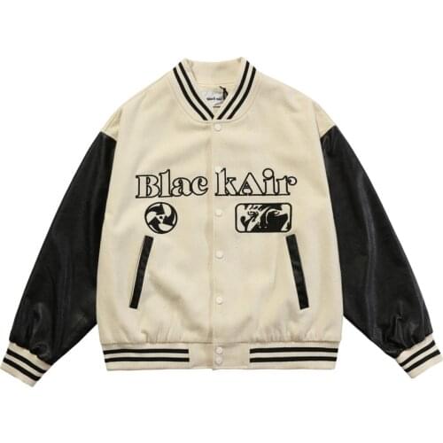 Hip Hop Women Oversized Baseball Jackets Streetwear Mens Embroidered Portrait Patchwork Leather Sleeve Varsity Bomber Jacket