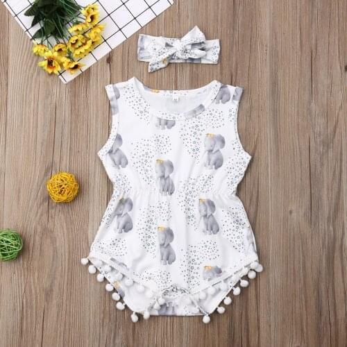 Pudcoco Summer Newborn Baby Girl Clothes Cute Elephant Print Sleeveless Tassels Romper Headband 2Pcs Outfits Cotton Sunsuit