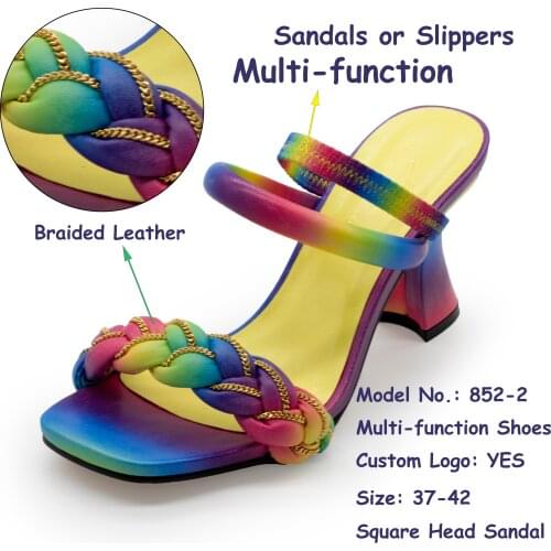 Multi-function Slippers Leather Shoes High Heels Ladies Sandals Summer Square Heeled Sandals 852-2 Girls Party Mules Shoes New