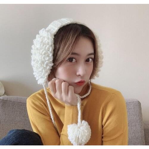 Fashion Warm Earmuffs Creative Adults Sweet Japanese Style Knitted Solid Color Plush Ball Simple Outdoor Temperament Accessories