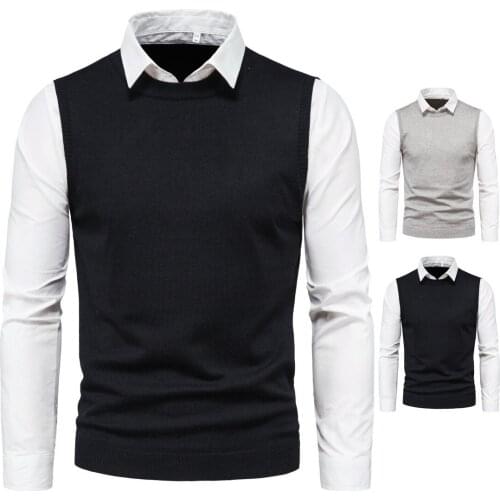 Mens sweater white lapel shirt vest fake two-piece slim-fit sweater men autumn and winter men fashion 2021 streetwear