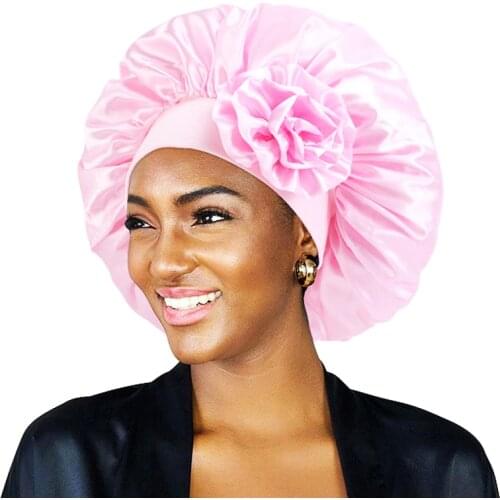 Solid Women Bonnet Extra Large Satin with Wide Stretch Big Flower Decor Hair Care Cap Night Sleep Hat Silky Head Wrap Shower Cap