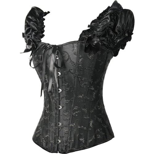 Sexy Lace up Satin Jacquard Overbust Corset Shoulder Straps Zipper Side Lingerie Waister Cincher Bustier Plus Size S-6XL