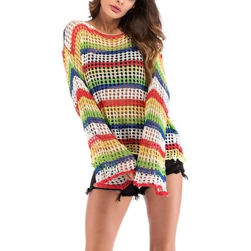Spring Autumn Womens Fashion Personality Temperament Thin Rainbow Striped Knitted Openwork Contrast Long Sleeve Sweater