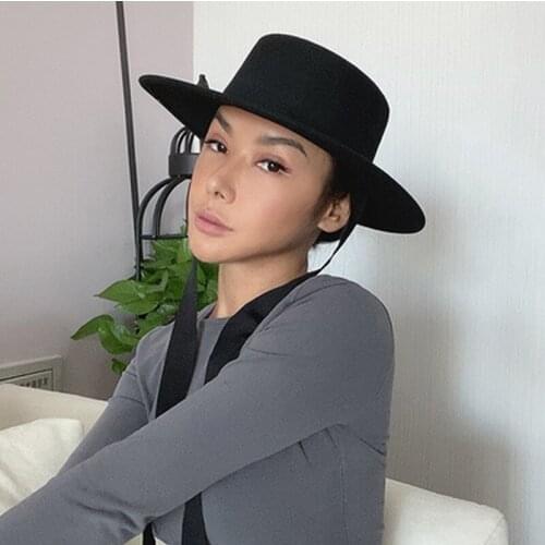 Women Wide Brim Flat Top Hat ,Candy Color Adjustable Lace edora Wool Church Derby Bowknot Cap Lady Like Show Hat