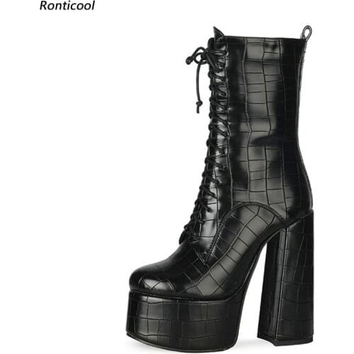 Ronticool Women Winter Platform Ankle Boots Stone Pattern Hoof High Heels Round Toe Black Party Shoes Women Plus US Size 5-13