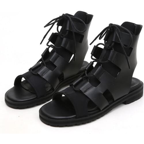 2019 female summer new low-heeled sandals fish mouth side with soft bottom hollow cross bandage high sandals women