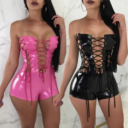 Women Strapless Eyelet Bodycon Faux Leather Club Jumpsuit Bodycon Short Rompers