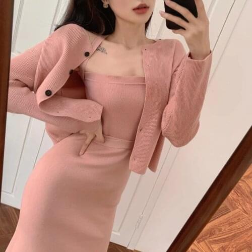 ZAWFL Korean Chic Autumn Temperament Bodycon Tank Knitted Dress Sexy Solid Loose Crop Sweater Shawl Coat Fashion 2 Piece Sets