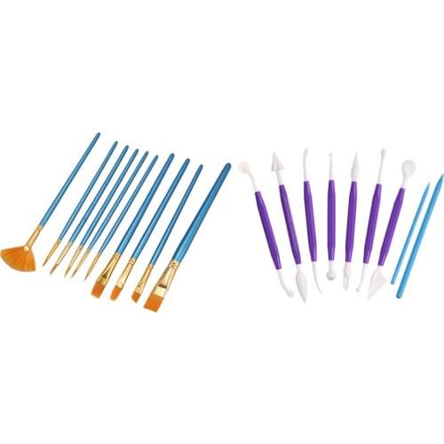 10Pcs Blue Handle Nylon Hair Multifunction Paint Brushes & 9 Pieces Plastic Clay Modeling Tools Ceramic Pottery Tool Kit