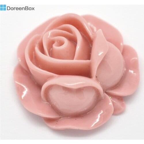 20 PCs Doreen Box Resin Rose Flower Embellishments Pink Color Cabochon For DIY Jewelry Making Findings 27mmx27mm Wholesale