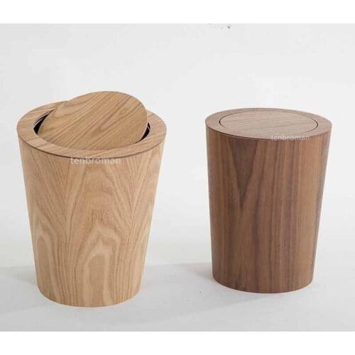 9L Garbage Can with Lid Waste Bins Solid Wood Wastebasket Home Cleaning Tools Round Trash Can Swing Cover Office Storage Baskets