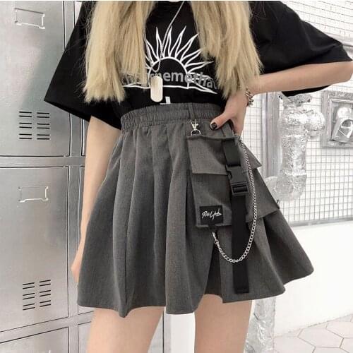 Big Pocket Grey girl A-line Skirt Streetwear High Waist Chain Mini Skirt Punk Hip-hop Harajuku Skirts Womens Casual Short Skirt