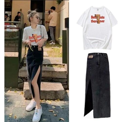 Single suit womens street style age reducing net red loose T-shirt with split denim skirt and two-piece skirt