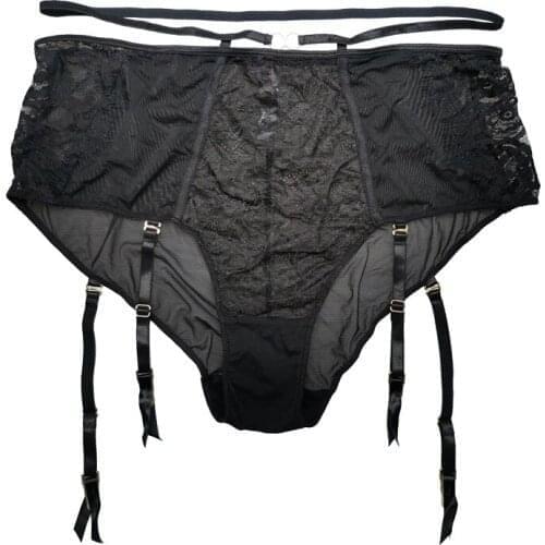 Black Sexy Lace Plus Size Women Brief Removable Metal Clips Open Crotch Panties with Garter Belt for Stockings Underwear GA1528