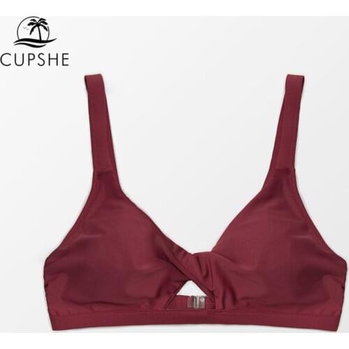 CUPSHE Burgundy Twist Keyhole Bikini Top Women Sexy V-neck Removable Pads Top 2021 Girls Separate Swimsuit Bathing Bra Top
