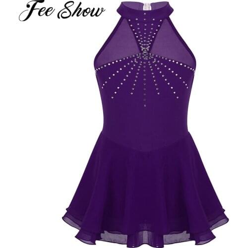 Kids Girls Sleeveless Figure Skating Dress Halter Rhinestone Mesh Splice Ice Skating Dance Costumes Ballet Dance Leotard Dress