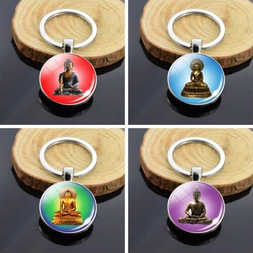 Buddhism Jewelry Shakyamuni Double Side Glass Cabochon Keychain Pendant Keyring for Buddhist Believer Gifts