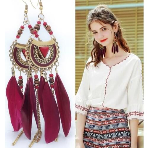 European And American Jewelry Dangler Bohemian Retro Tassel Feather Eardrop Seaside Holiday Beach Style Earrings
