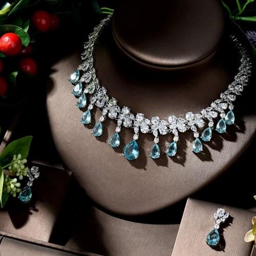 HIBRIDE Charming White Blue Water Drop Dubai Jewelry Sets Wedding Necklace Earrings Sets for Women Bijoux Bijoux Marriage N-1294