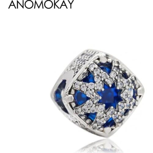 Anomokay Classic Dark Blue Enamel Square Charm fit Bracelet & Bangle Snowflake Flower Big Hole Beads for DIY Jewelry Accessories