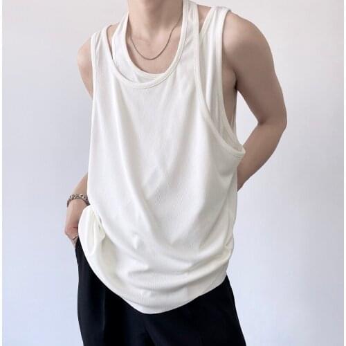 Summer Korean version versatile personalized fake two-piece sweat vest mens loose solid color sleeveless bottomless T-shirt Swe