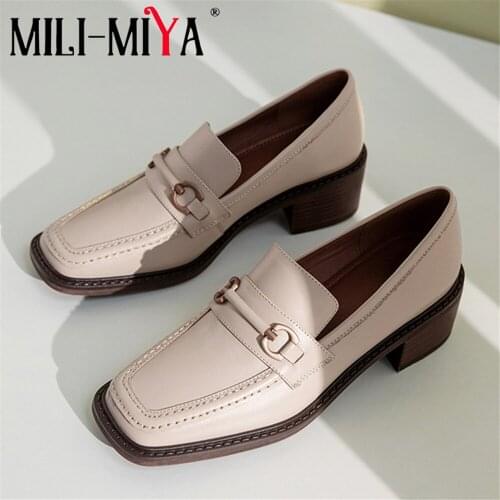 MILI-MIYA Casual Square Toe Women Cow Leather Pumps Slip On Solid Color Thick Heels Office Career Shoes Handmade Foe Ladies