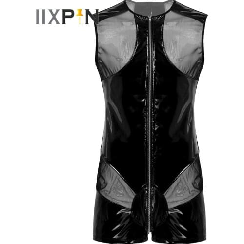 Mens Sexy Hot Patent Leather Bugle Pouch Shorts Leotard See-through Mesh Patchwork Round Neck Sleeveless Zipper Romper Jumpsuit