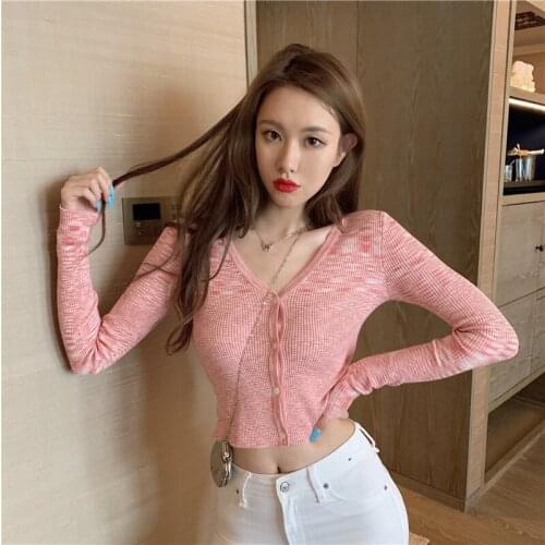 New Design Gradient Ramp Color Thin Knitwear Slim Long Sleeve V Neck Womens Cardigan