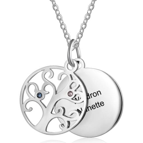 Personalized Necklace Stainless Steel Jewelry Tree with Round Pendant Engrave Name Birthstone Fashion Anniversary Gift for Women