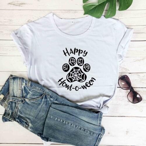 Happy halloween paw graphic Spiderweb women fashion cotton hipster holiday gift cat dog lovers tees street style t shirt art top