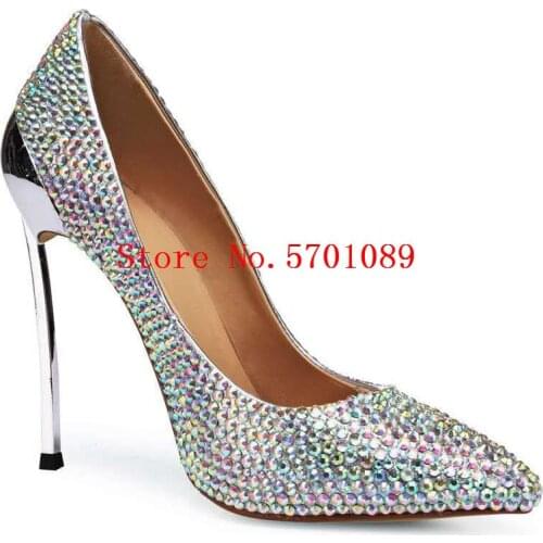 Silver Rhinestone Pointed Toe Stiletto Heels Genuine Leather Diamonds Iron Heel Bling Bling Wedding Shoes Pointed Toe 120mm