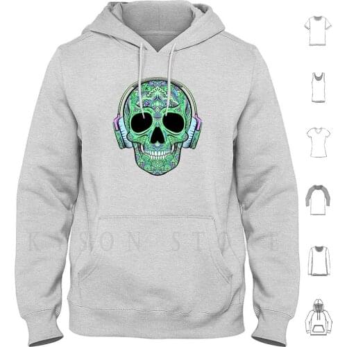 Ornated Graphic Skull With Headphones Hoodie Long Sleeve Skull Dead Vector Day Tattoo Background White Mexican