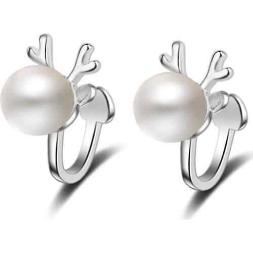 Cute Antlers Clip Earring for Women with White freshwater Pearl Ear Clip Jewelry 925 Sterling Silver Retail A Pair